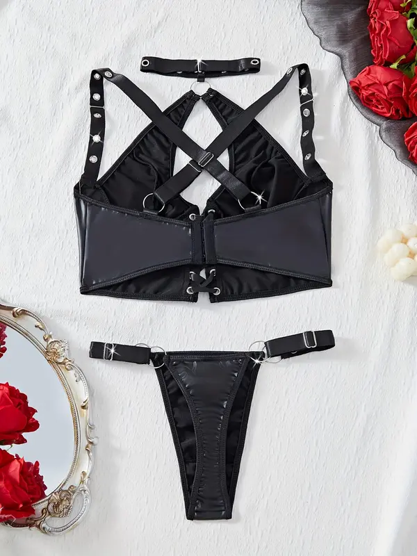 Women's Solid PU Leather Bra & Panty Two-piece Set, Fashion Chic Bra & Panty Set for Daily Wear, Women's Lingerie Set for All Seasons 0