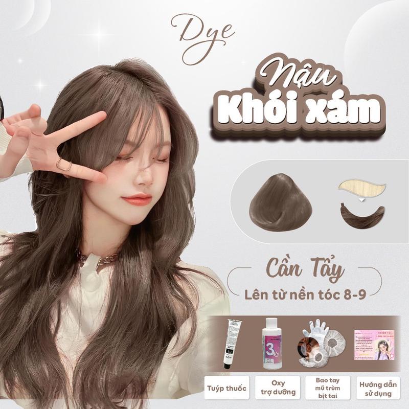 Thuốc nhuộm tóc màu Nâu Khói Xám, cần tẩy tóc, Dyehair, tặng kèm oxy trợ dưỡng và bao tay Không chứa silicon, Không mùi, Bền màu Đổi Màu Tóc Nữ Women