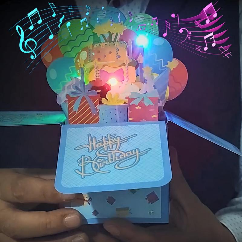 Product Introduction of 3D Birthday Music and Lighting Greeting Card Box, 1 Count Happy Bithday Music Greeting Card with Envelope and Message Card, Surprise Birthday Gift 0