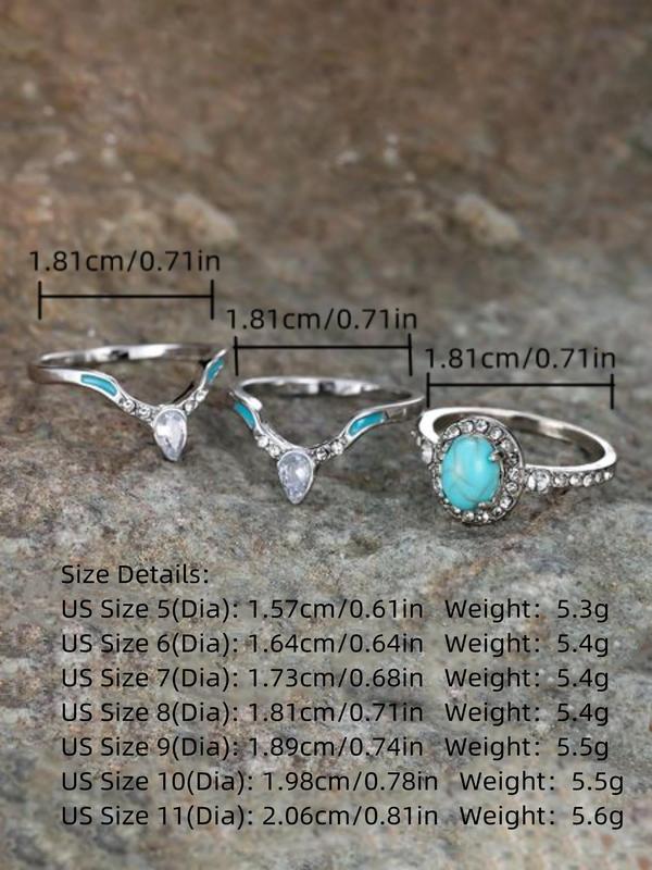 Fashion Boho Style Turquoise & Rhinestone Decor Rings, 3 Counts Temperament Rings, New Trend Hand Jewelry for Women & Men,fashion Jewelry for Party, Daily Clothing Decor, Trendy All-match & Exquisite Jewelry for Birthday Gift, Unique Rings 1