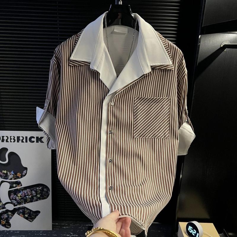 Áo Sơ Mi Khối Màu Giả Hai Lớp Dáng Rộng Thường Ngày Hợp Xu hướng Cổ Điển Mùa Hè Xu Hướng Áo Sơ Mi Khối Màu Nam Mới Cho Năm 2025