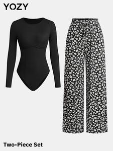 YOZY Women's Button Closure Crotch Bodysuit & Ditsy Floral Print Drawstring Waist Wide Leg Pants Two-piece Set, Casual Round Neck Long Sleeve Top & Trousers for Spring & Fall, Women's Clothes for Daily Wear, Tummy Flattering
