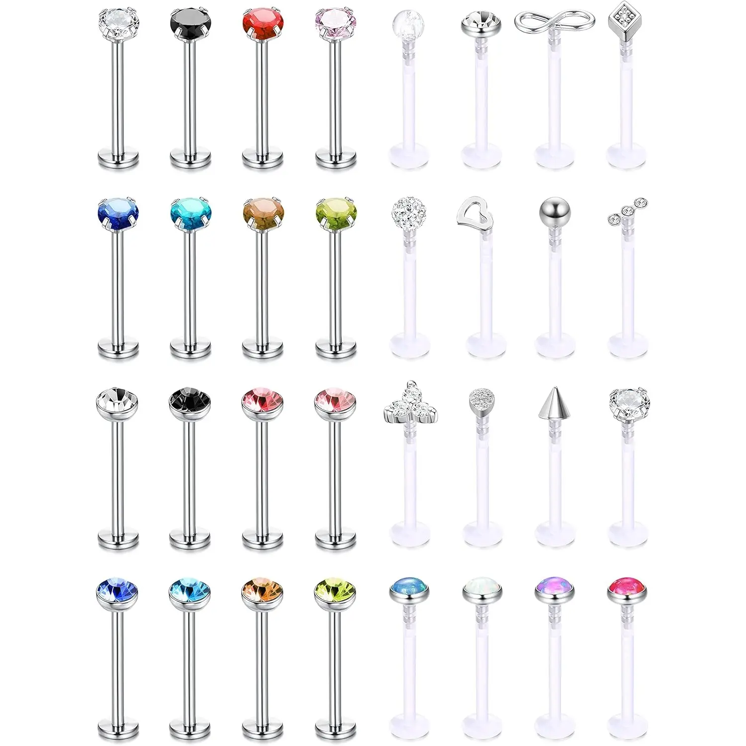 DIAMDAY 32Pcs 16G Lip Rings Stainless Steel Labret Studs Monroe Ring Piercing Jewelry for Women Men Conch Cartilage Tragus Helix Earring Barbells 6mm 8mm 10mm