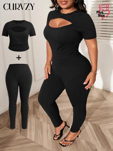 CURVZY Plus Size Autumn Aesthetic Solid Color Cut Out Tee & Leggings Set, Casual Round Neck T-shirt & Skinny Pants for Daily Wear, Women's Two-piece Outfits for All Seasons