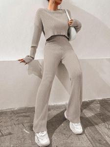 Two-Piece Set Women's Plain Boat Neck Drop Shoulder Knit Top & Flare Leg Knitting Pants Set, Casual Fashion Cozy Knitwear Set for Daily Outdoor Wear, Women's Knitwear for Spring & Fall