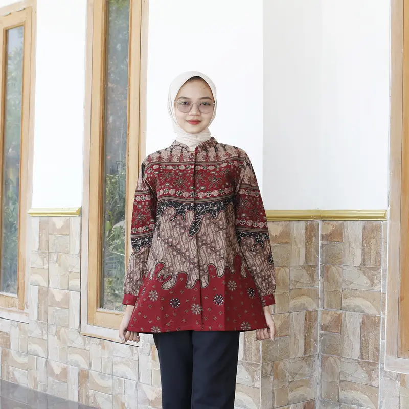 KALISTA Maroon Blouse Atasan Baju Batik Wanita Kerja Kantor Modern Kekinian Bahan Katun Halus Premium 1