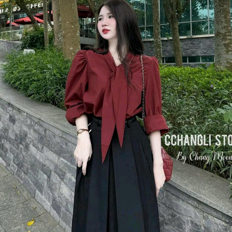 Sét bộ 3 món váy cotton lạnh dáng dài xòe maxi thời trang Nữ thiết kế áo sơ Mi dài tay cột nơ cổ kèm dây thắt lưng thích hợp mặc đi chơi hẹn hò ăn uống xinh xắn thanh lịch Dress