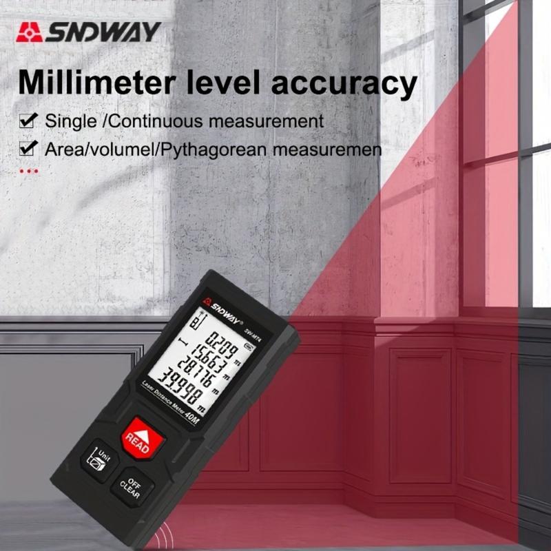 40M/131ft SNDWAY Pro Laser Distance Meter - High-Accuracy Digital Measure Tool with Large Backlit Display, Self-Calibration, and Battery Powered Operation - Portable Handle Electronic Ruler for Easy Measurements 6