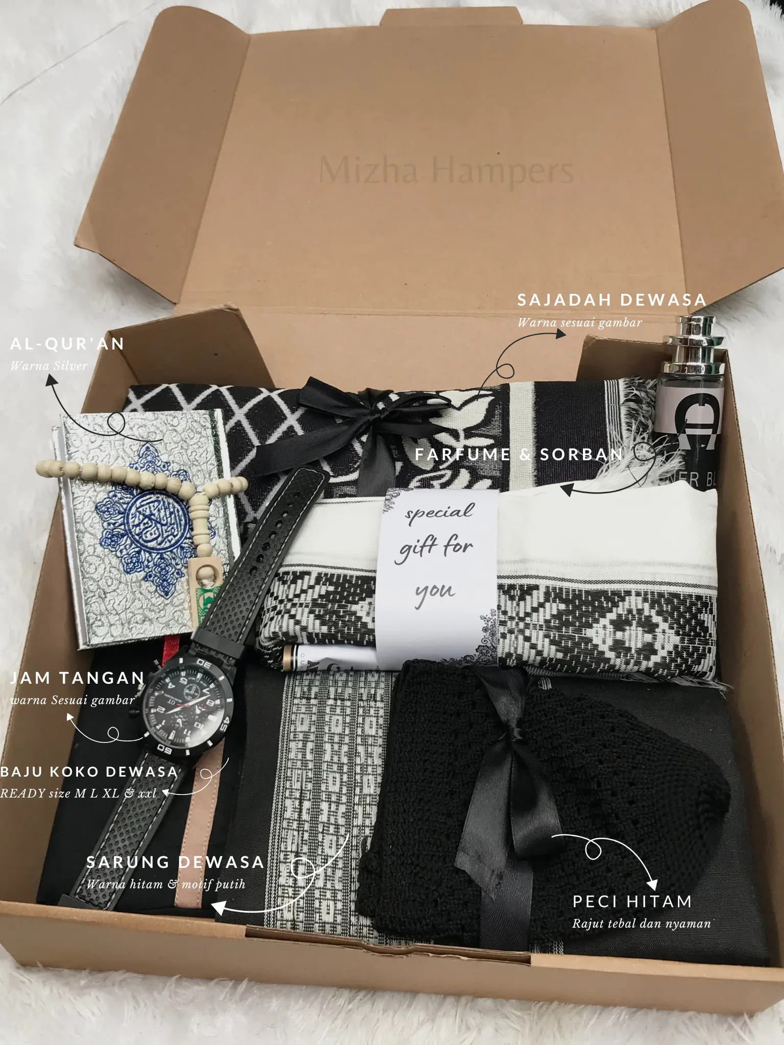 hampers PAKET E buat cowok murah SUPER LENGKAP Muslim koko sarung sajadah tasbih peci jam tangan alquran sorban