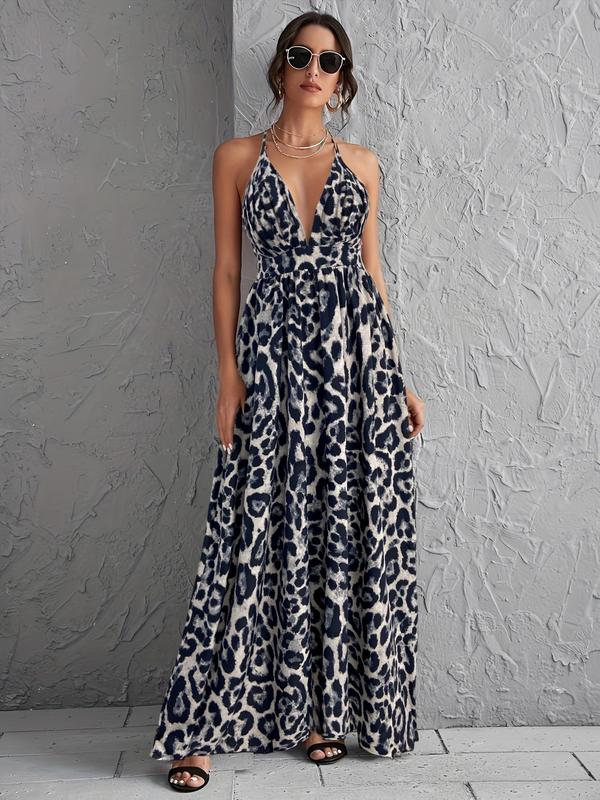 Women's Leopard Print Backless Dress, Fashion Casual Sleeveless Dress for Daily Outdoor Wear, Women Dress for Summer 4