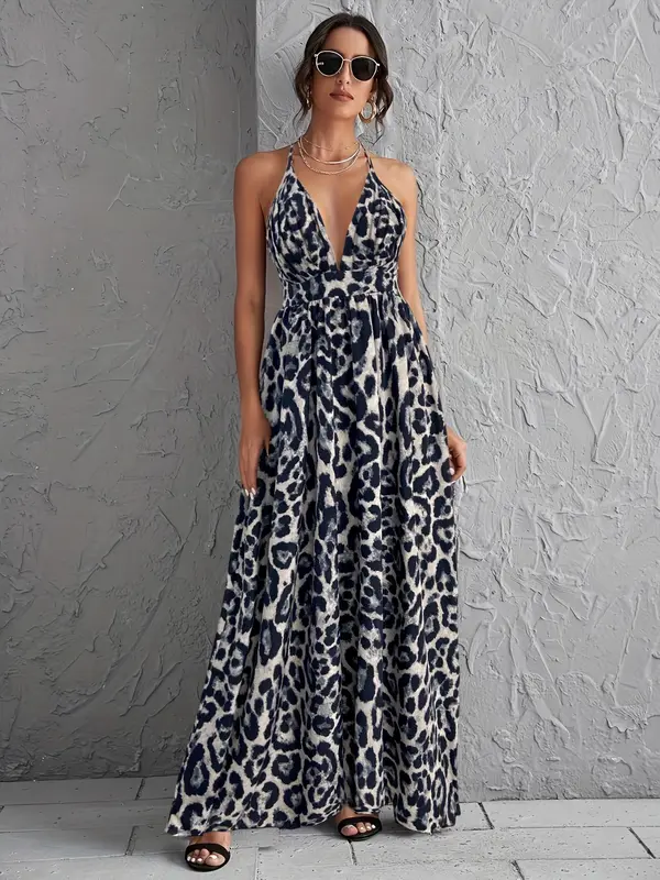 Women's Leopard Print Backless Dress, Fashion Casual Sleeveless Dress for Daily Outdoor Wear, Women Dress for Summer 4