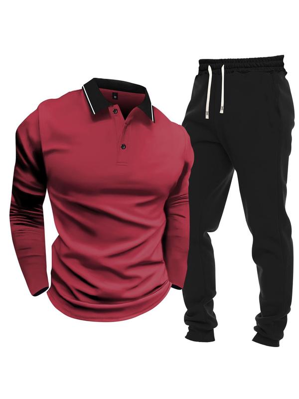 Men's Plain Button Front Polo Shirt & Drawstring Waist Pants Set, Regular Fit Long Sleeve Collared Top & Jogger Pants, Men Two-piece Outfits for Spring & Fall 4