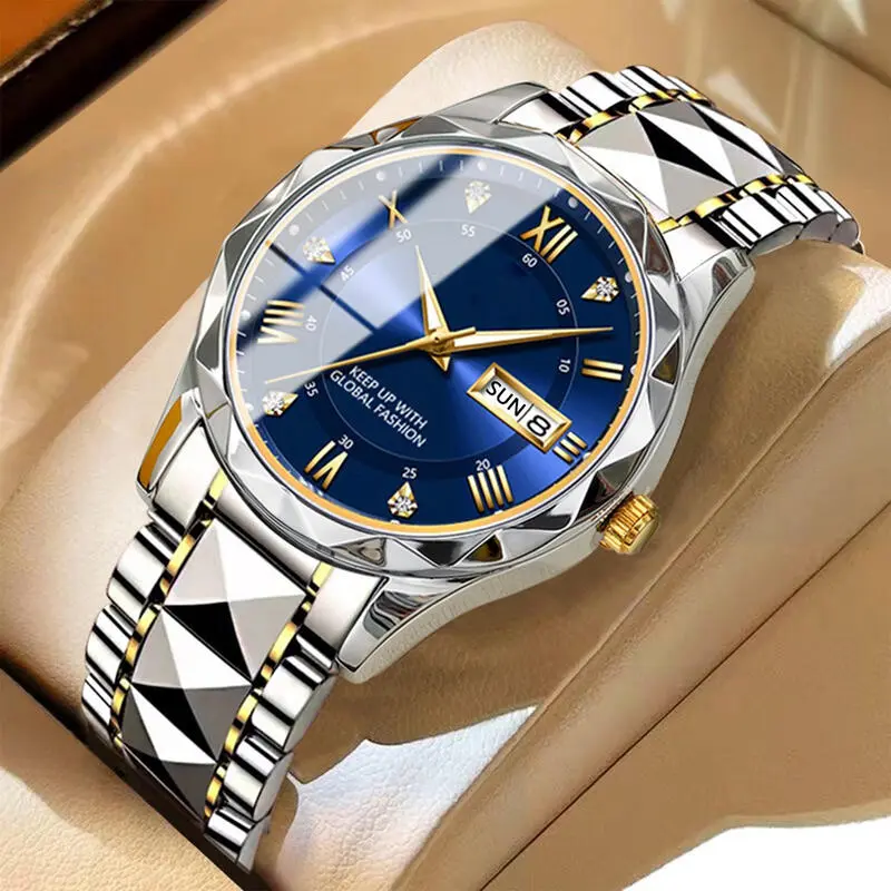 POSHI Waterproof Mens Quartz Business Watch For Men Original Sier Stainless Steel Luminous Dual Calendar Charm Watches