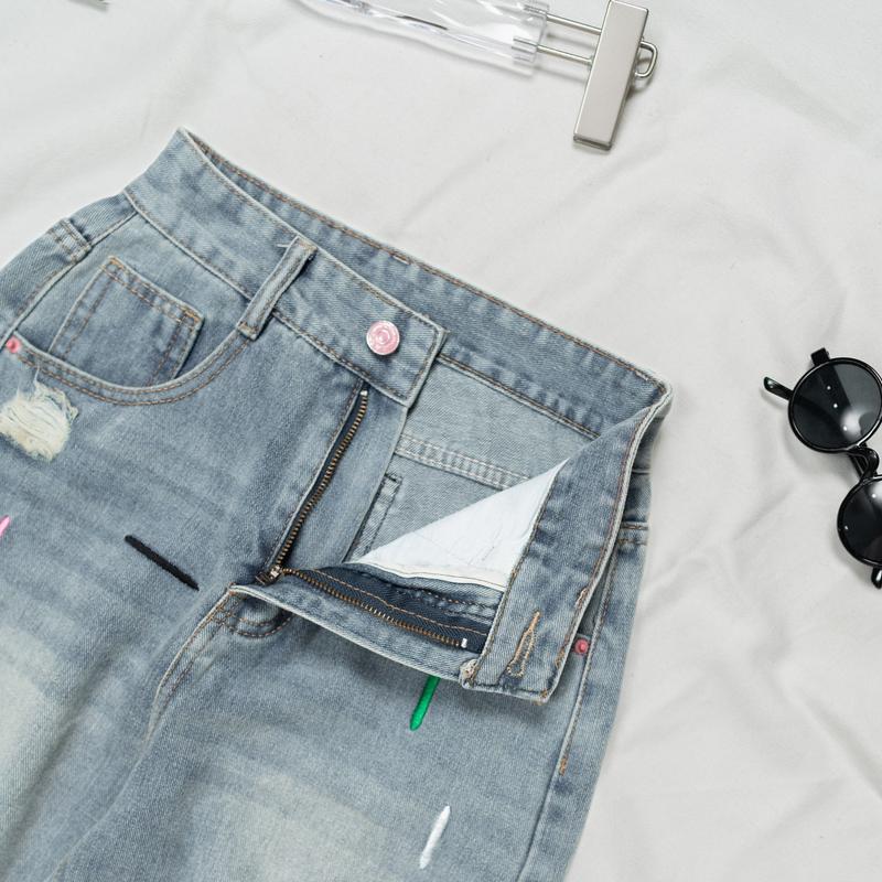 Product Introduction of (KÈM DÂY) Quần Jean Nữ Ống Rộng Lưng Cao Rách Thêu Chữ Nút Hồng Chất QC Dày Đẹp 988 Women Pants Ong 3