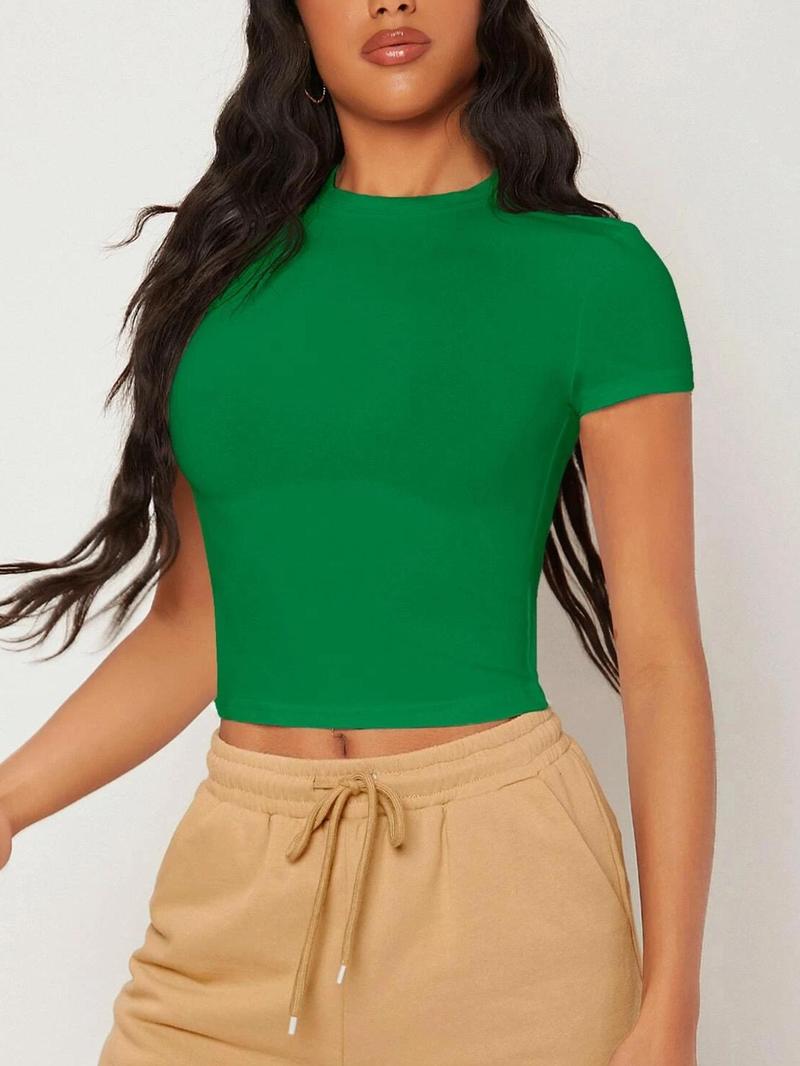 Product Introduction of Women's Plain Round Neck Short Sleeve Tee, Casual Basic Crew Neck T-shirt for Summer, Ladies Clothes for Daily Wear, Summer Clothes for Women 5