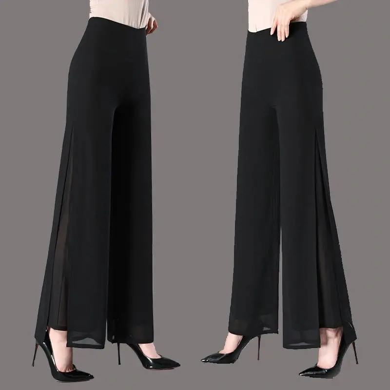 Quần Dài Ống Rộng, Voan Hai Lớp, Quần Dài Nữ, Cạp Cao, Kiểu Xếp Ly, Quần Culottes Ống Rộng, Thích Hợp Cho Khiêu Vũ Mặt Dây, Dáng Rộng Vừa Vặn, Hàng Mới Về 2024