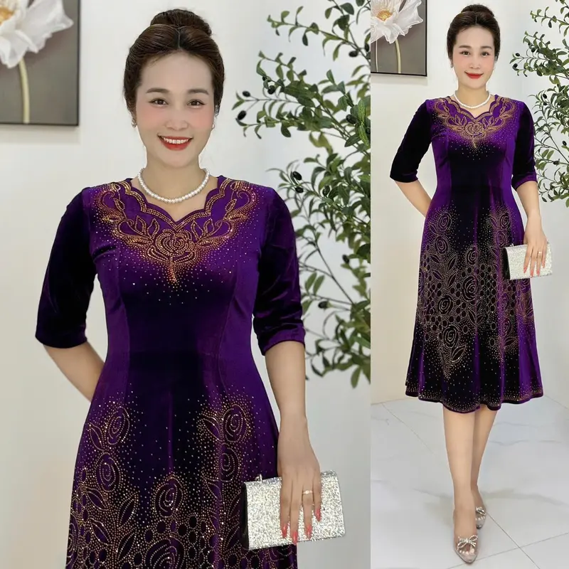 Đầm Trung Niên M678 Vải nhung tuyết co giãn size Từ 48-75kg ép đá dmc Ôm gọn Thanh lịch Dress Váy Nữ Tím Women Đỏ 2