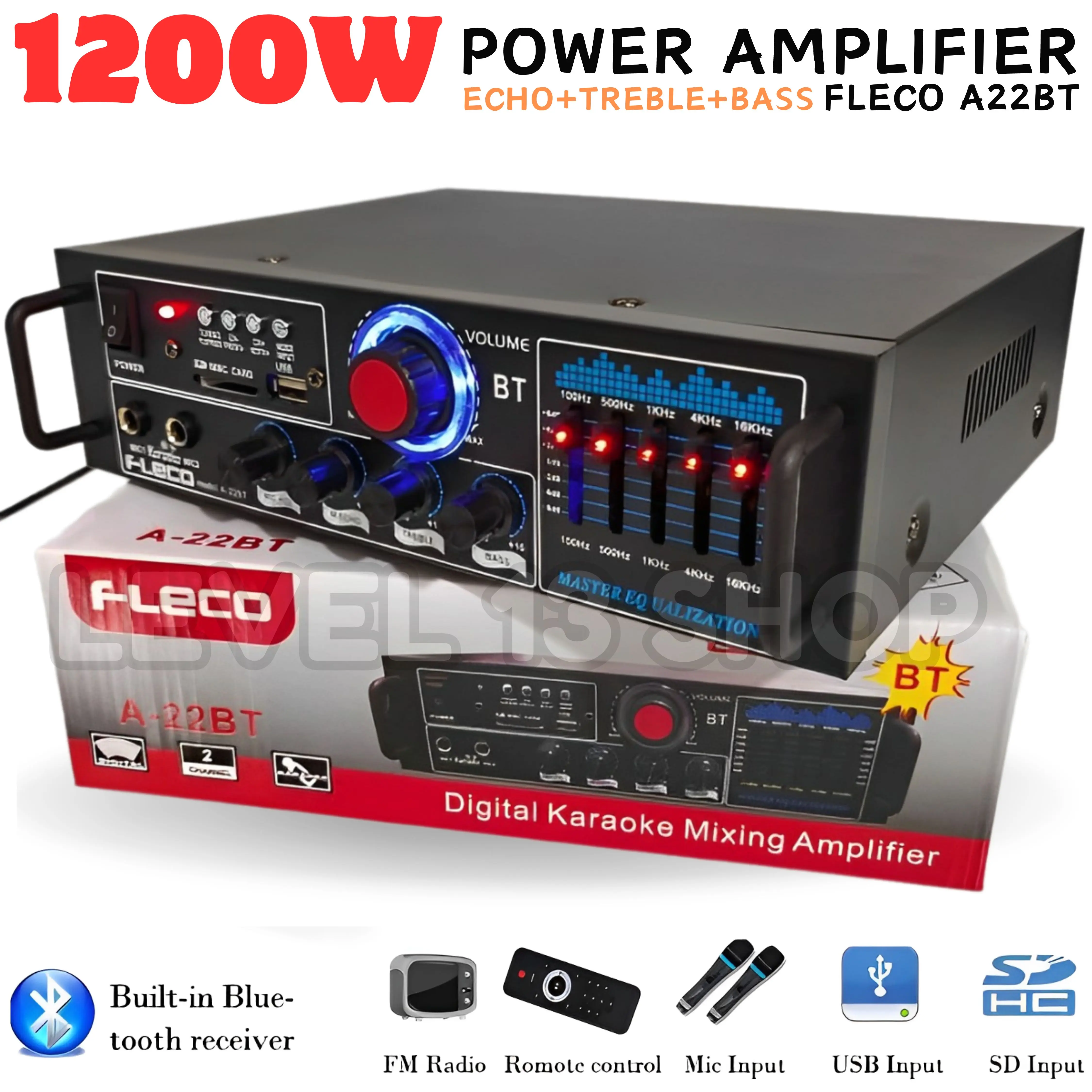 Amplifier FLECO A-22BT Bluetooth Stereo Karaoke Mp3 Player + FM Radio | cod | LVL13SHP Bass Led