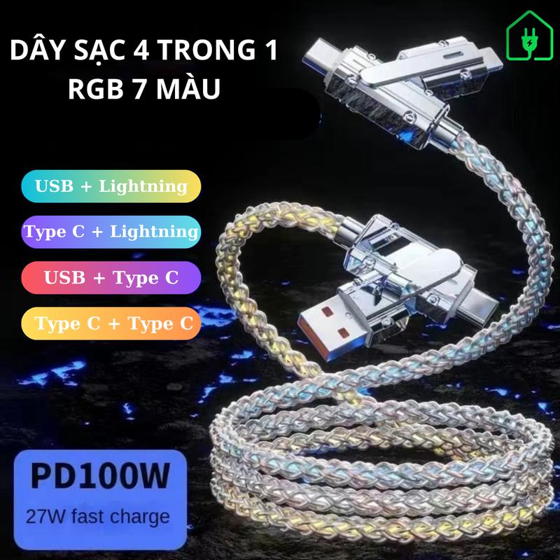 Dây cáp sạc nhanh 4 trong 1 RGB 7 màu cao cấp hợp kim kẽm siêu dẻo chống đứt gãy bọc nhôm kẽm 1m sạc đa thiết bị tiện lợi cho IOS Android Sạc Điện Thoại Usb