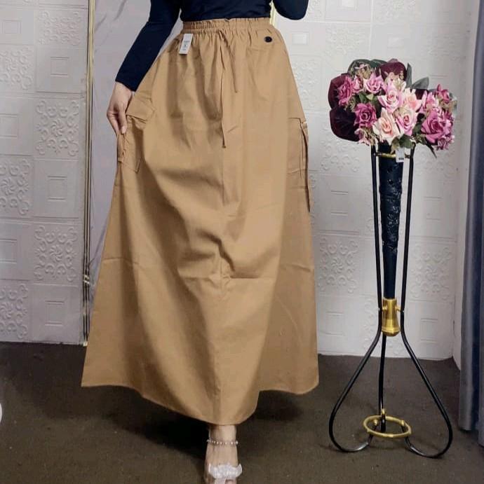 Zilka Rok Panjang Wanita Cargo Katun Jumbo A-Line Maxi Serut Tebal Dengan Saku Samping Nyaman Formal 8