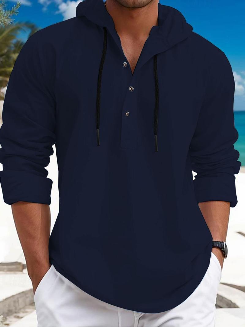 Product Introduction of Men's Solid Color Drawstring Button Front Hoodie, Regular Fit Casual Long Sleeve Drop Shoulder Hooded Sweatshirt for Spring & Fall, Fashion Men's Clothes for Daily Wear 4