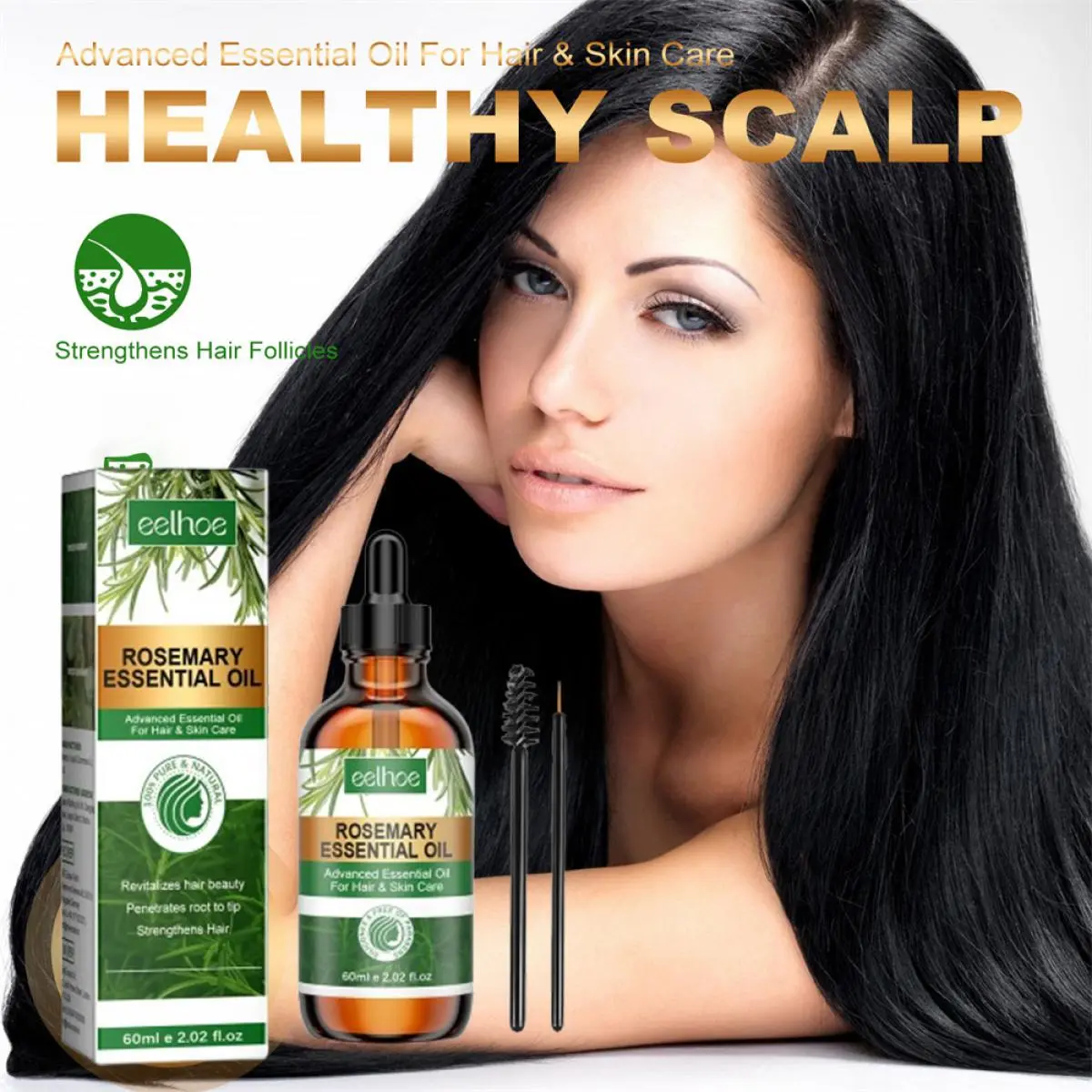 Minyak Pati Eelhoe-Rosemary untuk Pertumbuhan Rambut, Penyelesaian Nutrien Adalah Alamiah Tulen, Ringan, Tidak Merengsa, Menyegarkan, Mudah Menyerap, Tidak Berminyak, Menggalakkan Kesihatan Kulit Kepala, Menguatkan Pati Rambut Padat