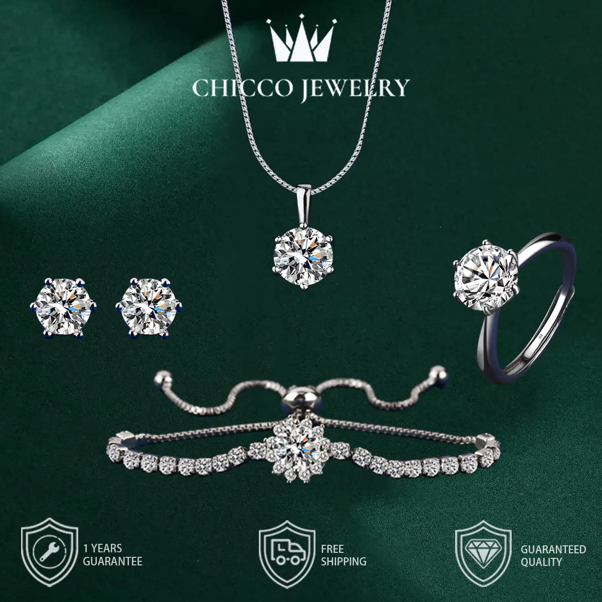 Pilih dua set cincin anting kalung dan gelang yang elegan dan indah 2 karat zirconia cocok Cincin platina Cocok untuk pasangan wanita di pesta pernikahan free box CHIC&CO Adjustable Aksesoris anti luntur anti perubahan warna Garansi 1 Tahun COD Z13