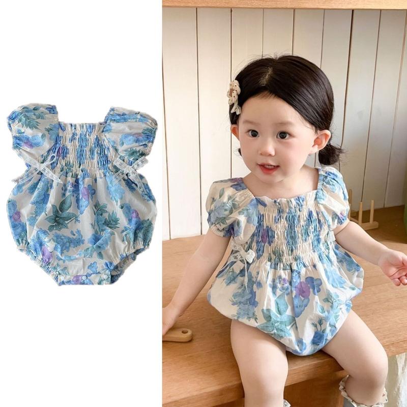 Áo Liền Quần Trẻ Em Bé Áo Liền Quần Trẻ Em Bé Áo Liền Quần, Thiết Kế Hoa Mùa Hè, Có Tay Áo, Thích Hợp Cho Bé Gái, Áo Jumpsuit Quần Áo Mùa Hè