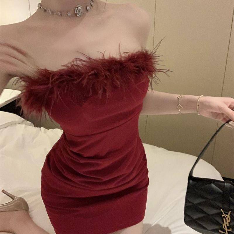 Đầm Bodycon, Phong Cách Thái Lan, Không Dây Gợi Cảm, Có Dây Đeo Lông Mịn, Thanh Lịch Và Bó Sát, Váy Ngắn Cao Cấp, Dành Cho Phụ Nữ, Người Nổi Tiếng Mới 2