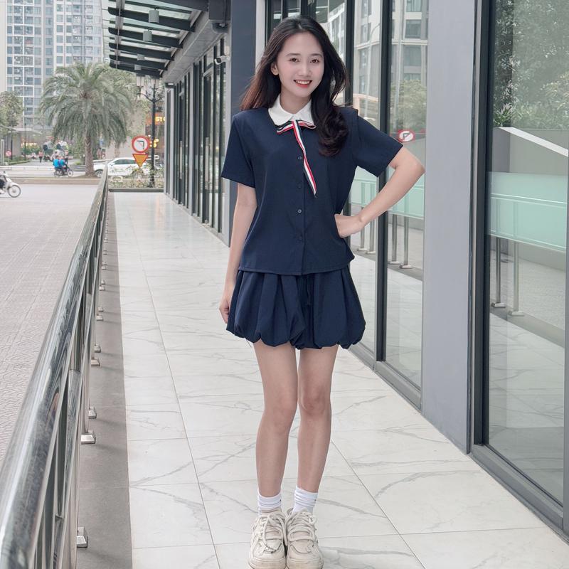 Set đồng phục nữ Hàn Quốc – Áo sơ mi phối chân váy dáng ngắn mặc đi chơi, chụp ảnh cực xinh 0