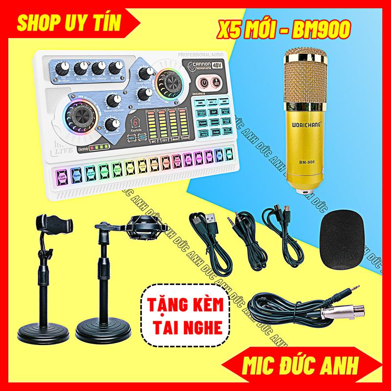 Bộ Mic Thu Âm Mic Livestream BM900 Sound Card X5 Đời Mới Dùng Được Cho Mic 5V Và Micro 48V Tặng Tai Nghe