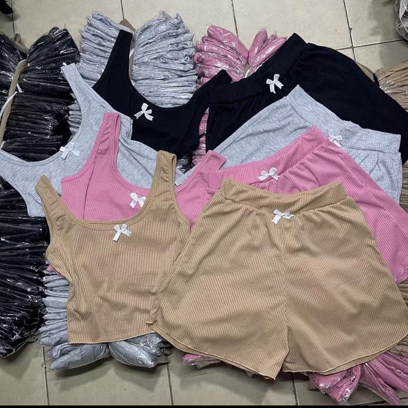 RẺ VÔ ĐỊCH Sét bộ ngủ đồ bộ nữ áo cổ U đính nơ kèm quần đùi cuốn biên viền chất vải thun tăm quảng châu mã tp25