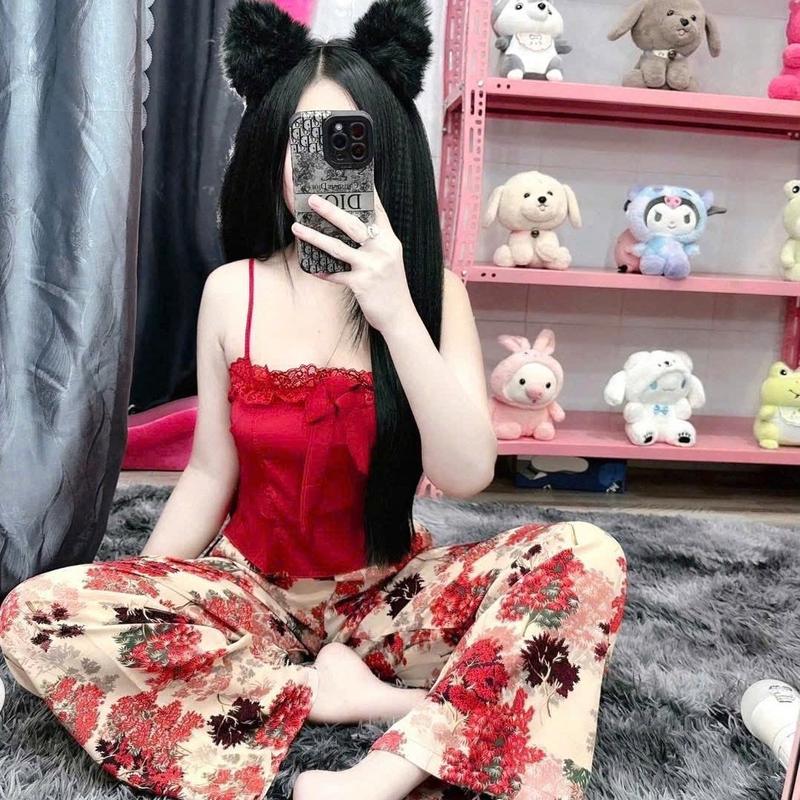 Sét bộ dây nơ lụa xinh (freesize 40-55kg) có mút ngực tôn dáng nhún chun cho nữ - Women Nữ Nhung Áo Quần Ngủ đồ Kem Sen Voi 4