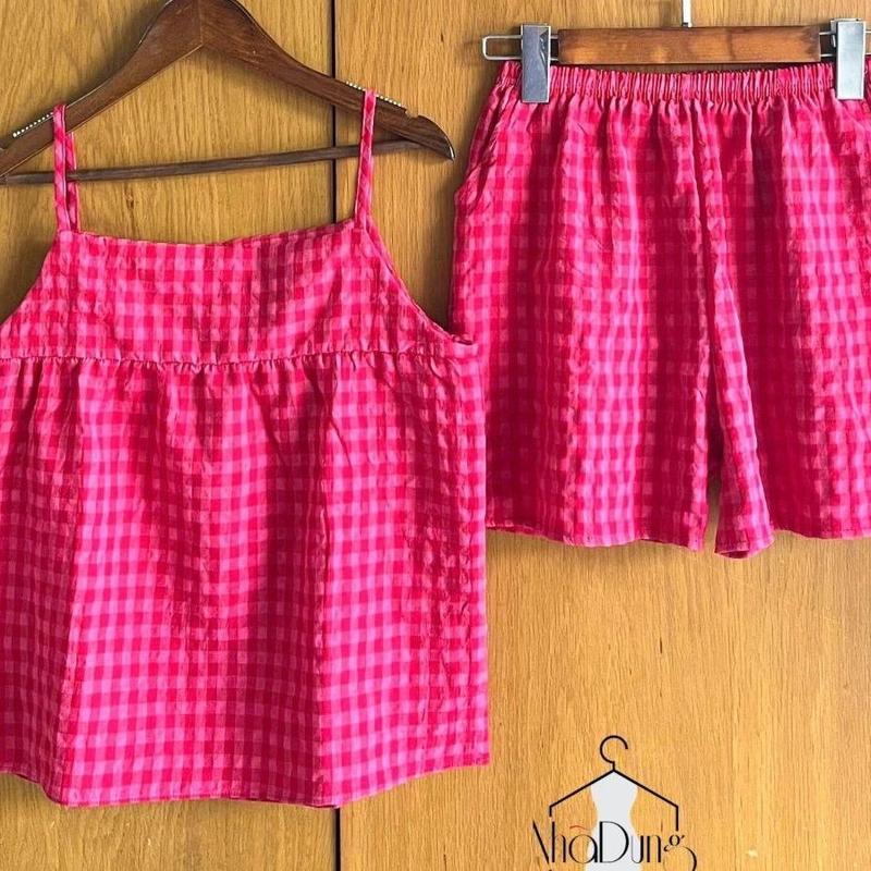 Bộ 2 dây mặc nhà kẻ caro chất đũi xốp thô Thái mềm mại,nhẹ nhàng,thoáng mát có túi Nhã Dung Store Nữ Pijama Women Quần Ngủ Áo Ngủ