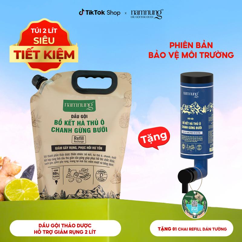 [Rẻ vô địch][Mới] [Siêu tiết kiệm] Dầu Gội hỗ trợ giảm rụng, dầu gội thảo dược NamNung dạng túi refill 2000ml (bản nắp vặn - bigsize) chiết xuất thiên nhiên Bồ kết hà thủ ô Chăm sóc tóc Dưỡng tóc nữ