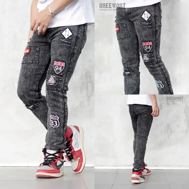 Celana jeans streatch emblem bordir panjang pria 0