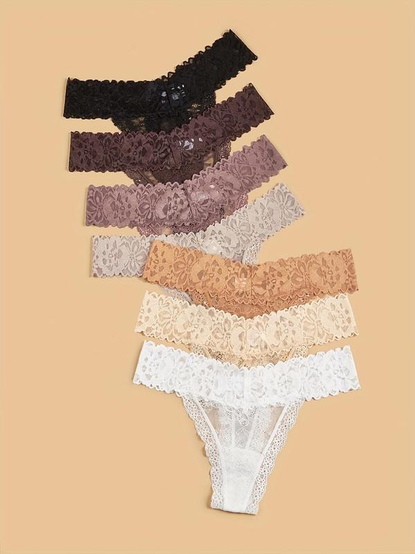 Women's 7pcs Contrast Lace Sheer Nylon Thong, Elegant Soft Comfy Breathable Contrast Mesh Knicker for Daily Wear, Womens Underwear, Lace Underwear, Fashion Underwear for All Seasons, Underwear for Women, Thongs 1