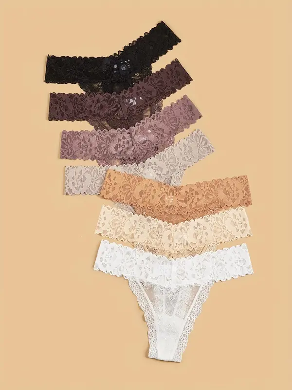 Women's 7pcs Contrast Floral Lace Sheer Nylon Thong, Elegant Soft Comfy Breathable Contrast Mesh Knicker for Daily Wear, Womens Underwear, Floral Lace Underwear, Fashion Underwear for All Seasons, Underwear for Women, Thongs 1