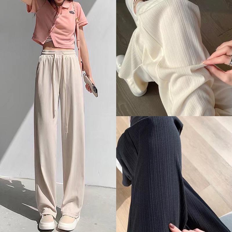 Quần ống rộng thun tăm gân cạp chun lưng cao có dây rút kiểu quần len tăm ống rộng suông dài vải mềm mặc đi chơi dạo phố