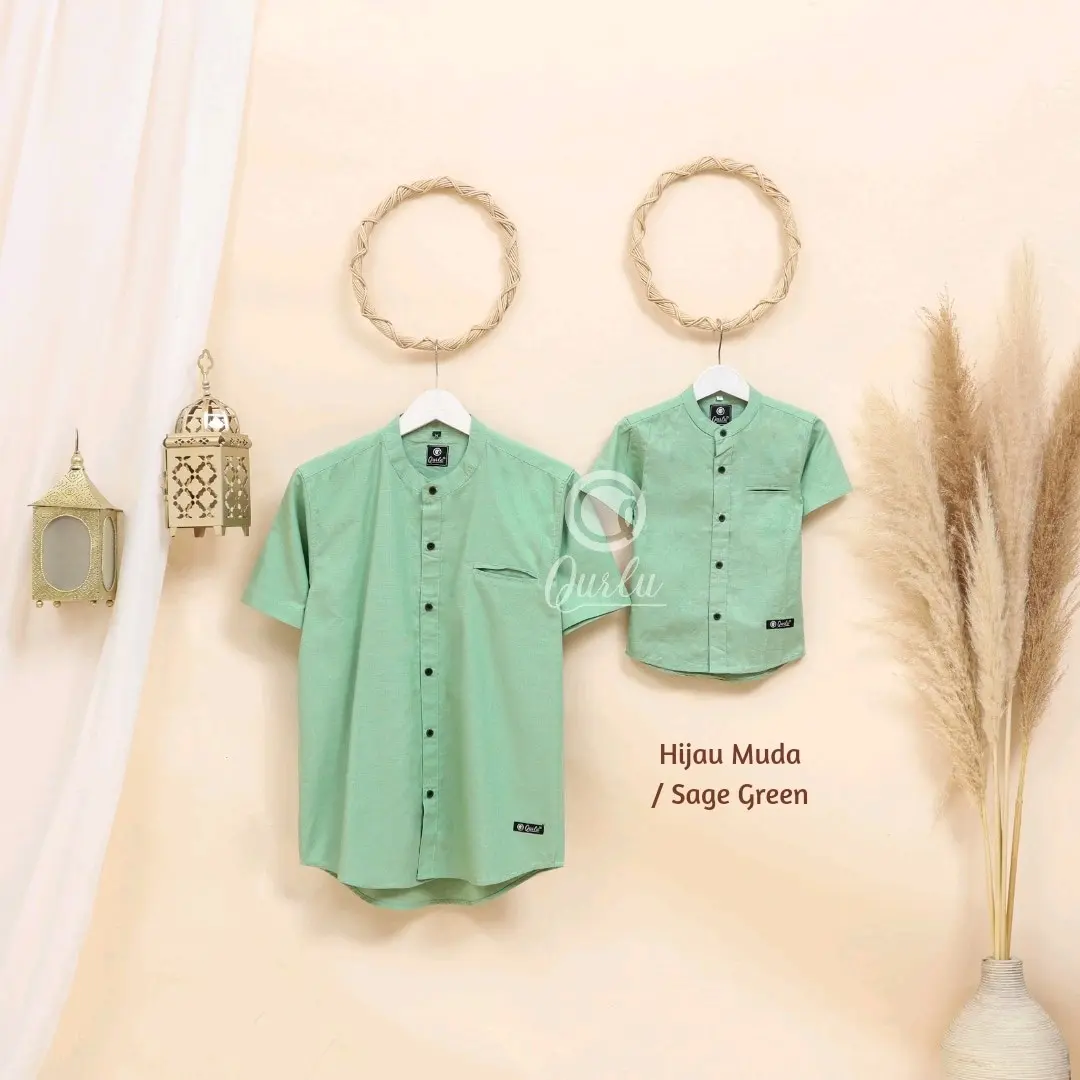 Qurlu - Kemeja Koko Dewasa/Anak warna SAGE GREEN (baju couple ayah dan anak laki-laki) Baju Koko Pria