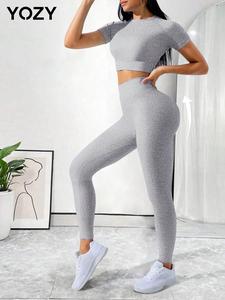 YOZY Two-Piece Set Women's Solid Raglan Sleeve Crop Tee & High Waist Leggings, Casual Fashion Cozy Breathable Outfits for Daily Outdoor Wear, Ladies Clothes for All Seasons