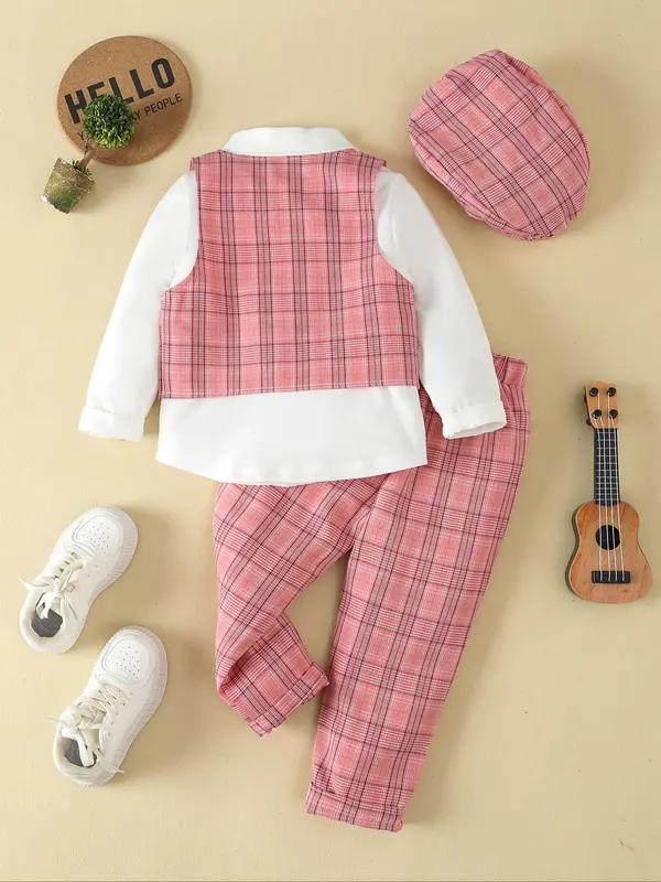 Three-piece Set Boy's Bow Tie Button Front Shirt & Elastic Waist Pants & Plaid Print Vest Set with Hat,  Casual  Long Sleeve Collared Top & Pocket Trousers & Vest Set, Kids Spring Outfits 1