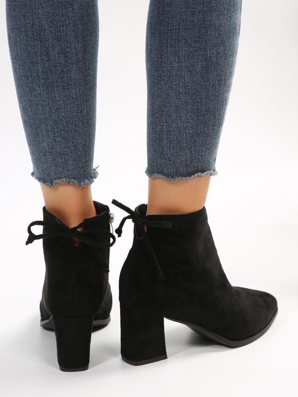 Women's 2023 New Trend Elegant Chunky Heel Tie Ankle Zipper Boots, 1 Pair Fashion All-match Solid Color Ankle Pointed Toe Boots, Thick Heel Short Boots with Fleece for Daily Wear 6