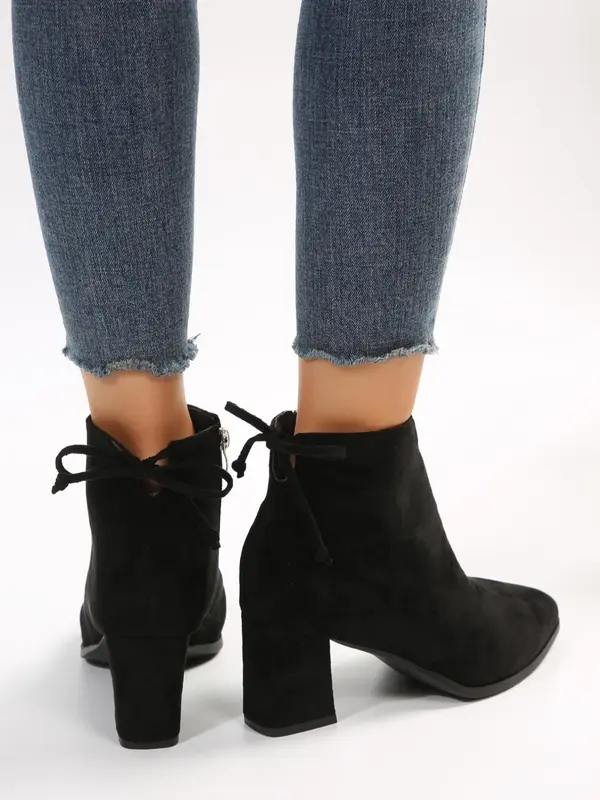 Women's 2023 New Trend Elegant Chunky Heel Tie Ankle Zipper Boots, 1 Pair Fashion All-match Solid Color Ankle Pointed Toe Boots, Thick Heel Short Boots with Fleece for Daily Wear 6