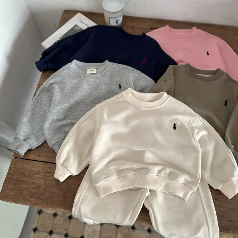Bộ Đồ Nỉ Trẻ Em, Hàng Mới Về Mùa Xuân 24, Áo Áo Chui Đầu Cho Bé Trai Và Bé Gái, Phong Cách Hàn Quốc, Hai Mảnh, Thêu, Màu Trơn Quần Áo Trẻ Em