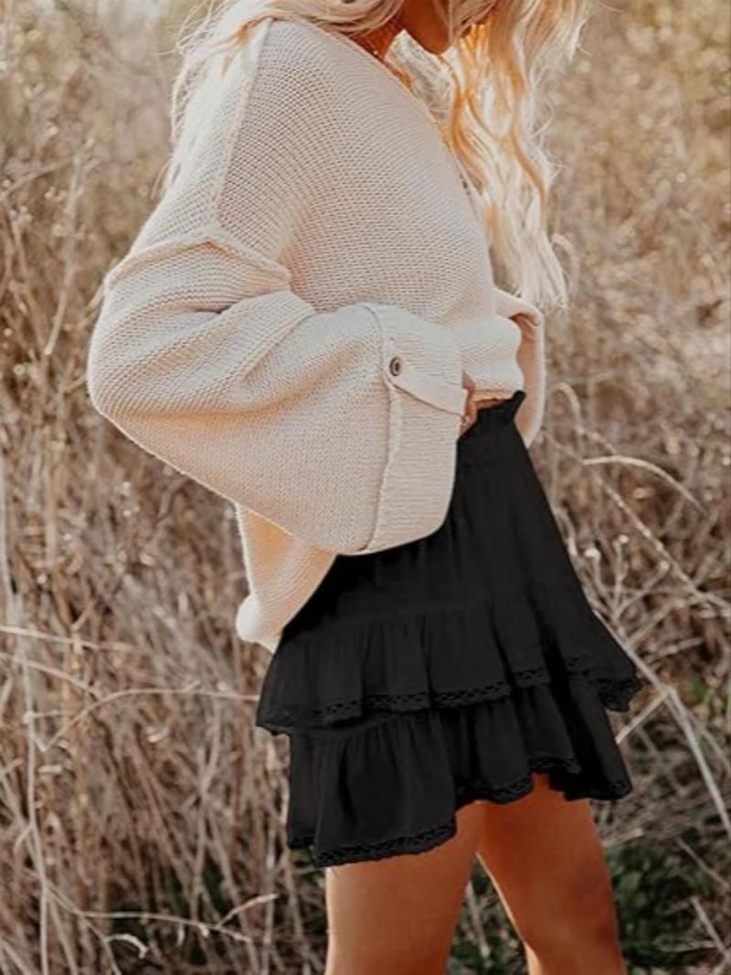 Product Introduction of Women's Solid Ruffle Trim Layered Skirt, Casual Fashionable Short Skirt for Daily Wear, Ladies Clothing for Spring & Fall 4