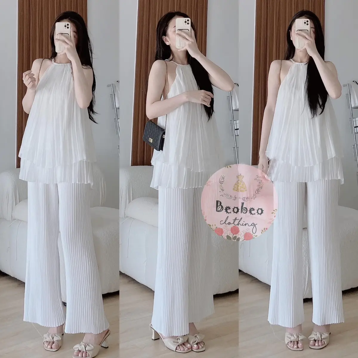 Set áo yếm trắng kèm quần suông xếp ly ulzzang