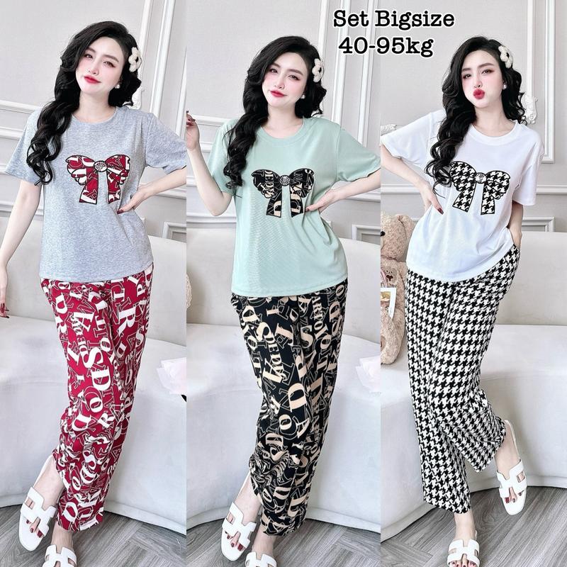 [Ưu Đãi Độc Quyền TTS] - Set Bộ Dài Bigsize Nữ Áo Thun Cổ Tròn Thêu Nơ Trước Ngực Phối Quần Mango Mịn Mát Giá Rẻ 50-95kg2093