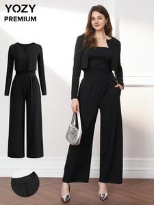 YOZY Women's 2 in 1 Long Sleeve Wide Leg Jumpsuit, Casual Round Neck Jumpsuit for Fall & Winter, Women's Clothes for Daily Wear