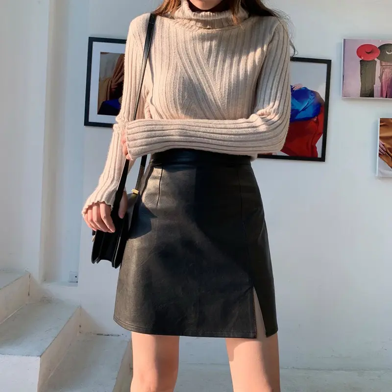 Chân Váy Da  Chữ A dáng ngắn 818 Nữ Women Đen 3